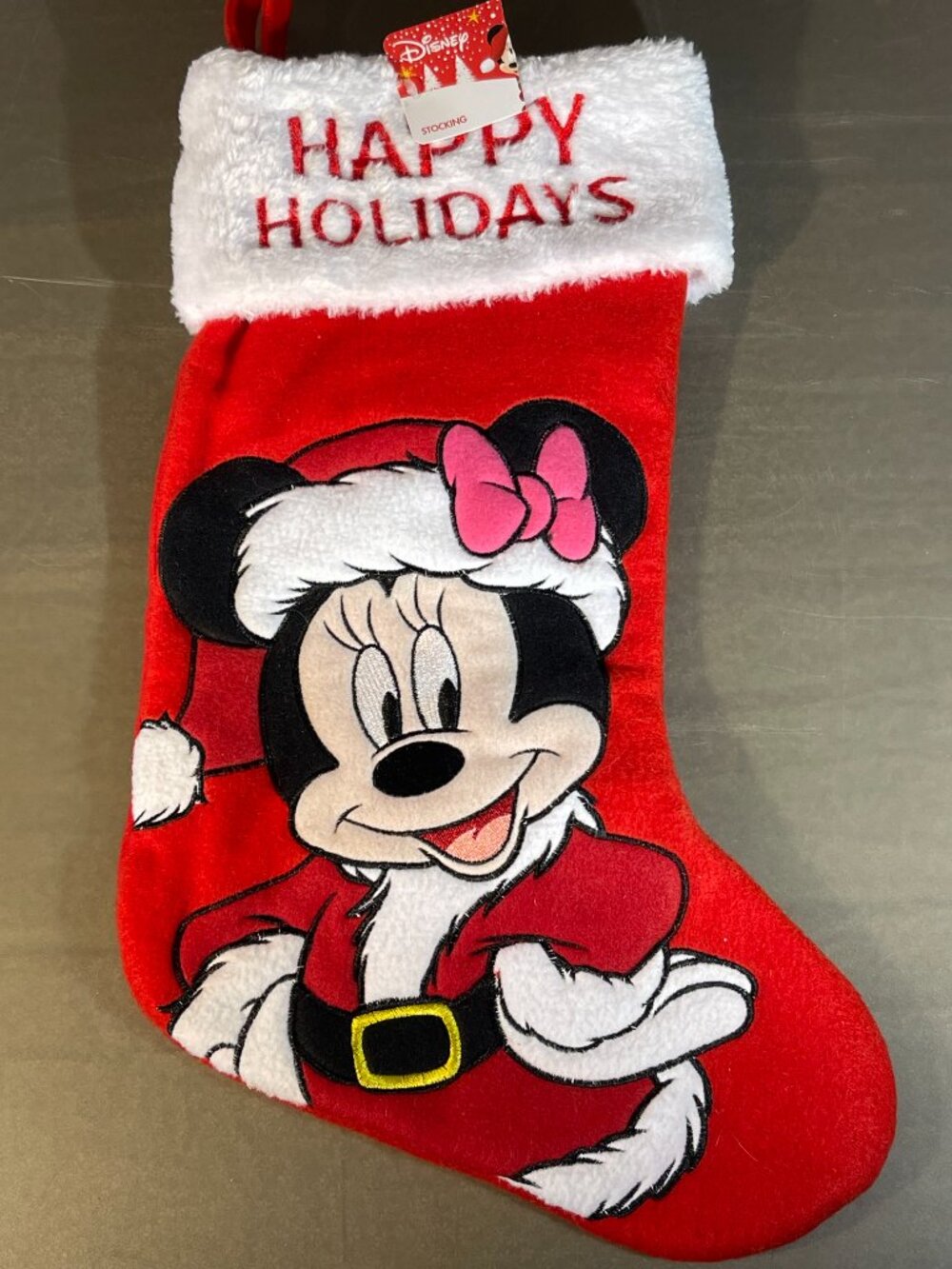 Disney Minnie Mouse Happy Holidays Christmas Stocking Red White 2018 Ruz (1572)
